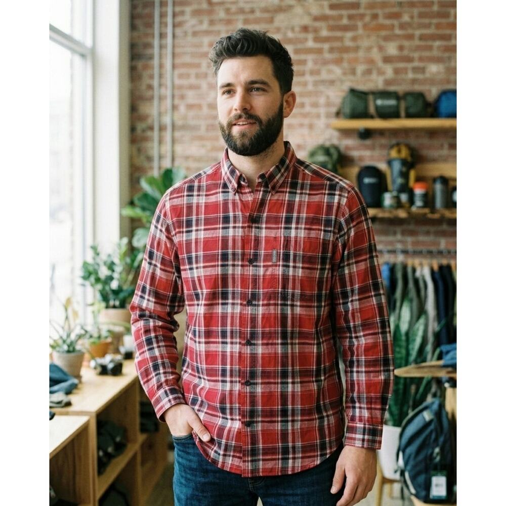 Columbia Mens Shirt Large L Red Black Plaid Long Sleeve Button Down Casual